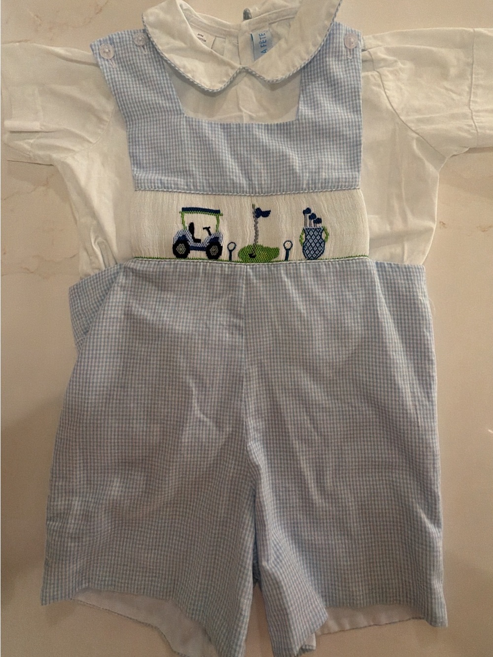 Baby Boys Light Blue Gingham Golf Smocked One-Piece. EUC (worn only once)
